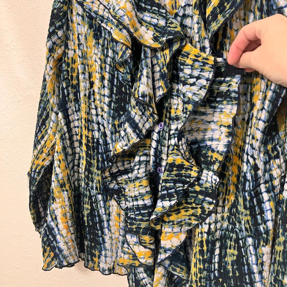 Ashro Womens XL 2 Piece Skirt Set Blue Yellow Abstract Ruffle Top Midi Skirt - Picture 5 of 11